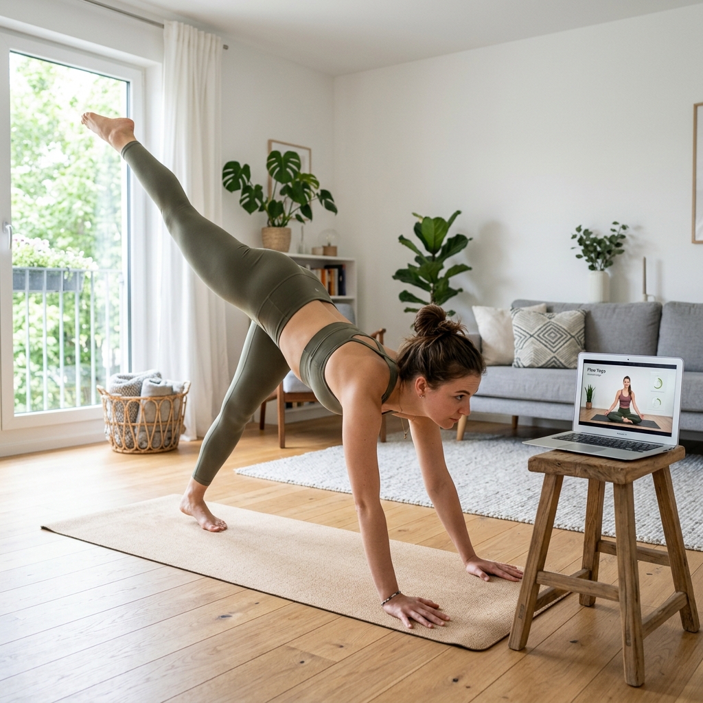 A woman practising on a mat at home, following a teacher on a laptop